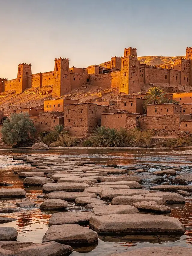 A mud-brick kasbah on the edge of the desert in Morocco