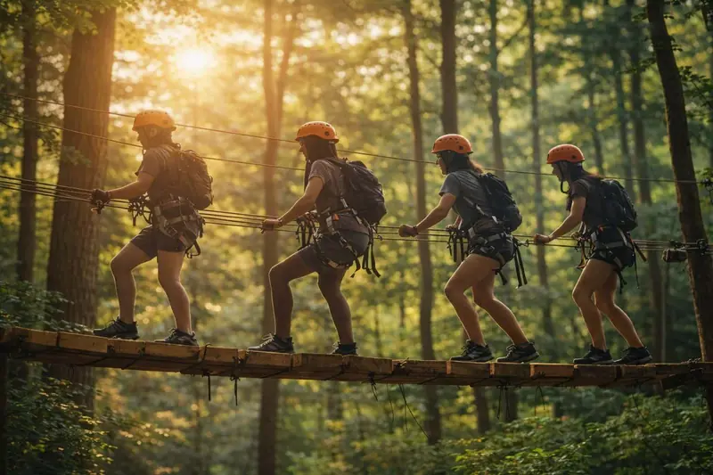 Participants making their way along a rope course in the forest