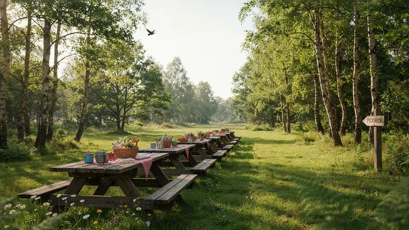 Picnic tables among the trees